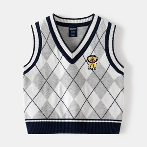 Classic V-neck kids knit vest with grey argyle pattern and embroidered lion detail