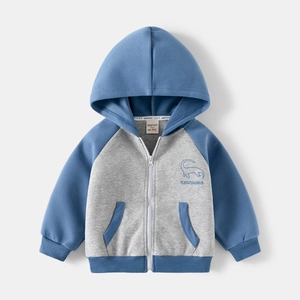 Kids colorblock zip-up hoodie featuring a blue dinosaur print on gray fabric