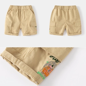 Khaki boys' cargo shorts with elastic waist and colorful cartoon embroidery detail