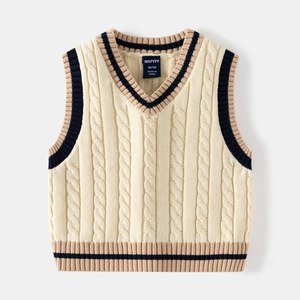Classic cream V-neck knit vest with cable knit pattern and striped trim for kids