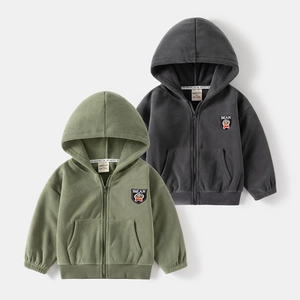 Toddler Boys Polar Fleece Jacket Hooded Zipper Sweatshirt With Cartoon Bear Embroidery Warm Polyester Autumn Winter Coat For Kids
