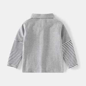 Kids long sleeve polo shirt in grey with striped sleeve layered design back view