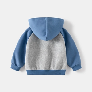 Kids color-block hooded sweatshirt with grey and navy blue panels in a soft cotton fleece