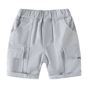 Classic light grey cargo shorts for boys with elastic waistband and pocket embroidery