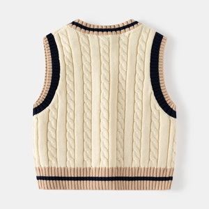 Kids' cable knit sweater vest with V-neck and striped ribbed trim in off-white