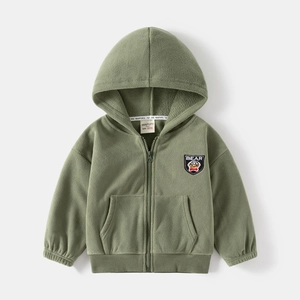 Kids fleece hooded jacket in olive green with bear embroidery and zipper closure
