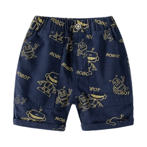 Short pour garçon en coton bleu marine avec imprimés robots jaunes et taille élastique