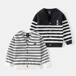 Korean Boys Striped Knit Cardigan Sweater Bear Embroidery V-Neck Single-Breasted Casual Autumn Children's Woolen Top