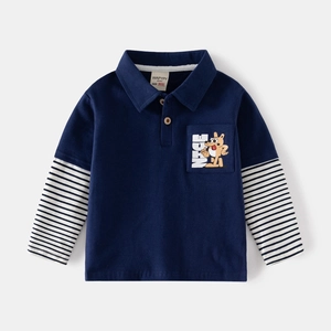 Kids long sleeve dark blue polo shirt with striped sleeves and cartoon puppy pocket
