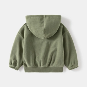 Sage green toddler fleece hoodie with ribbed cuffs and cozy texture, back view display