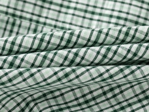 Close-up of soft green and white gingham cotton fabric texture for boys' shirts