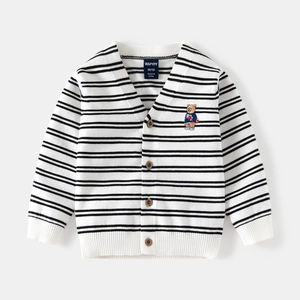 Striped V-neck kids knitted cardigan with cute bear embroidery and brown buttons