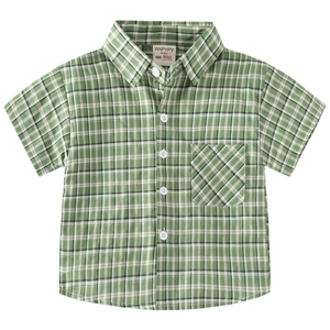 Classic green and white checkered short sleeve shirt for boys with a chest pocket