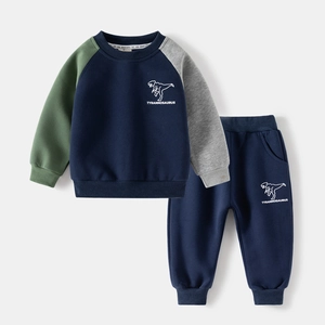 Boys dinosaur print long sleeve tracksuit set with navy and green color blocking