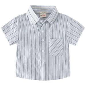 Chemise à manches courtes pour garçons à rayures verticales bleu clair avec poche