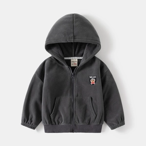 Kids warm fleece hooded jacket in dark grey with bear embroidery and zip closure