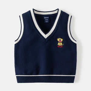 Classic navy blue V-neck knit vest for boys with a yellow cartoon lion embroidery