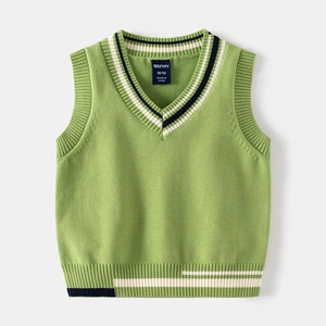 Avocado green V-neck knitted sweater vest for children with classic preppy striped trim