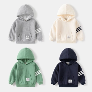 Boys Hooded Sweatshirt Soft Cotton Blend Striped Sleeve Pullover Hoodie With Kangaroo Pocket Toddler Fashion Autumn Solid Color Top