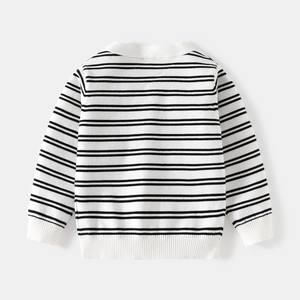 Back view of boys' black and white striped knit cardigan with ribbed cuffs and hem
