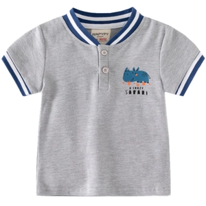 Boys grey cotton polo shirt with rhinoceros print and striped ribbed collar design