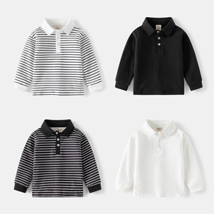 Kids Boys Long Sleeve Polo Shirt Autumn Thickened Turn-down Collar Striped Solid Color Top Casual Boys Base Layer Clothing