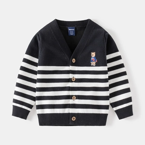 Classic striped V-neck kids knit cardigan with wood buttons and cute bear embroidery