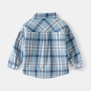 Back view of boys long sleeve plaid shirt with pleated detail in light blue and white