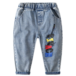 Fashionable kids' light blue washed denim jeans with colorful abstract letter prints