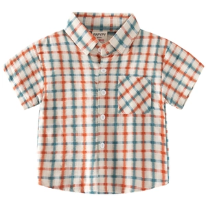Classic orange and blue plaid short-sleeve cotton shirt for boys with front chest pocket