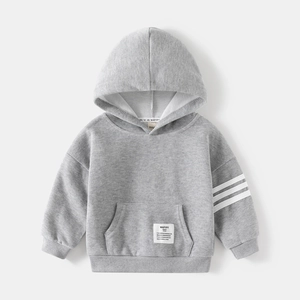 Detail of gray kids hoodie showing soft cotton knit fabric and white stripes on sleeve