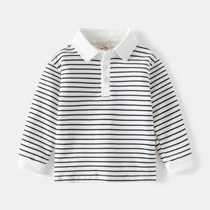 Detailed view of kids' striped Polo shirt featuring a white collar and ribbed cuffs