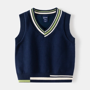 Classic navy blue V-neck knit vest for kids with preppy green and white striped trim