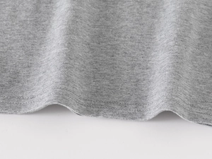 Close-up of gray cotton knit fabric and double-needle hem on kids long sleeve polo shirt
