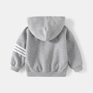 Detail view of grey toddler hoodie showing three white stripes on sleeve with ribbed cuffs
