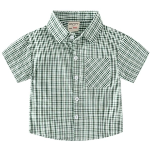Green and white checkered short-sleeve cotton shirt for boys with front buttons