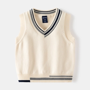 Creamy white V-neck knitted vest for kids with navy striped trim and rib knit details