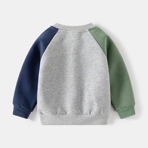 Rear view of children's crewneck sweatshirt with color-block raglan sleeves and ribbed cuffs