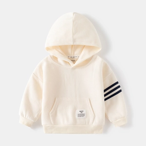 Minimalist cream kids hoodie with stripe sleeve and kangaroo pocket design