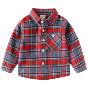 Chemise à carreaux rouge et bleu en flanelle à manches longues pour garçon avec poche
