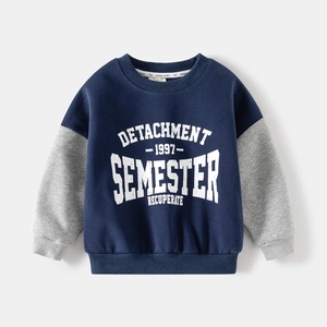 Navy blue and grey raglan sleeve sweatshirt for boys with vintage white letter print