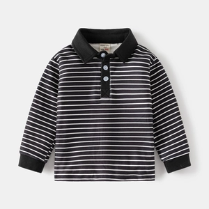 Classic black and white striped kids long sleeve polo shirt with black contrast collar