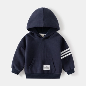 Navy blue boys hooded sweatshirt with three white stripes on sleeve and kangaroo pocket