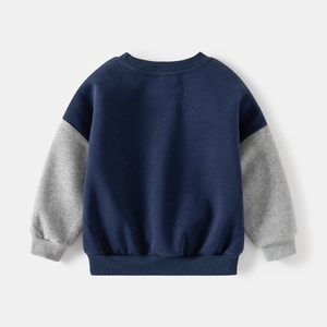 Boys fake two-piece sweatshirt in navy and grey color block with ribbed cuffs and hem