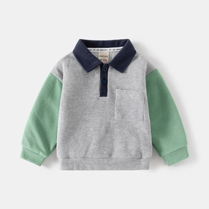 Kids color-block polo sweatshirt with grey body, green sleeves and navy collar detail