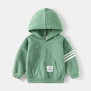 Sage green boys hooded sweatshirt with white stripes on sleeve and front pocket