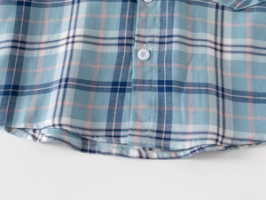 Close-up of light blue plaid shirt fabric with neat white button and twill texture