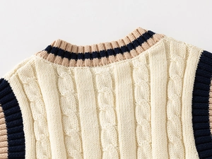 Detail of cable knit vest showing V-neckline ribbing with blue and khaki stripes