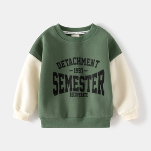 Boys long sleeve sweatshirt in dark green and cream with collegiate letter print