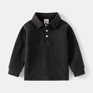Minimalist black kids' long sleeve polo shirt with ribbed cuffs and polo collar